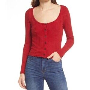 Madewell Women's S Red Ribbed Scoopneck Cardigan Top Button Down Front NC633